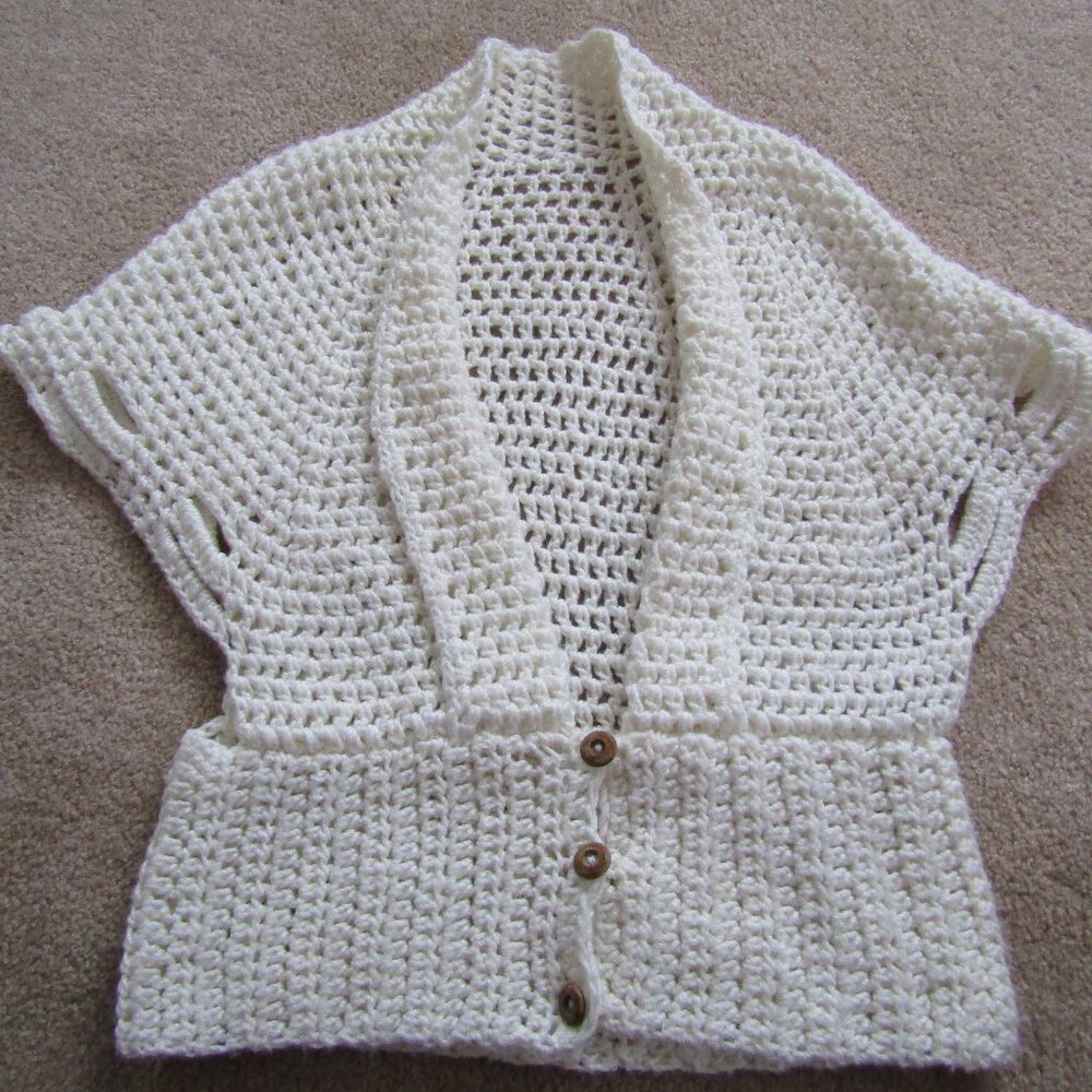Vintage Hand Crocheted White Butterfly Wing Shawl Collar Button Sweater Vest*L*